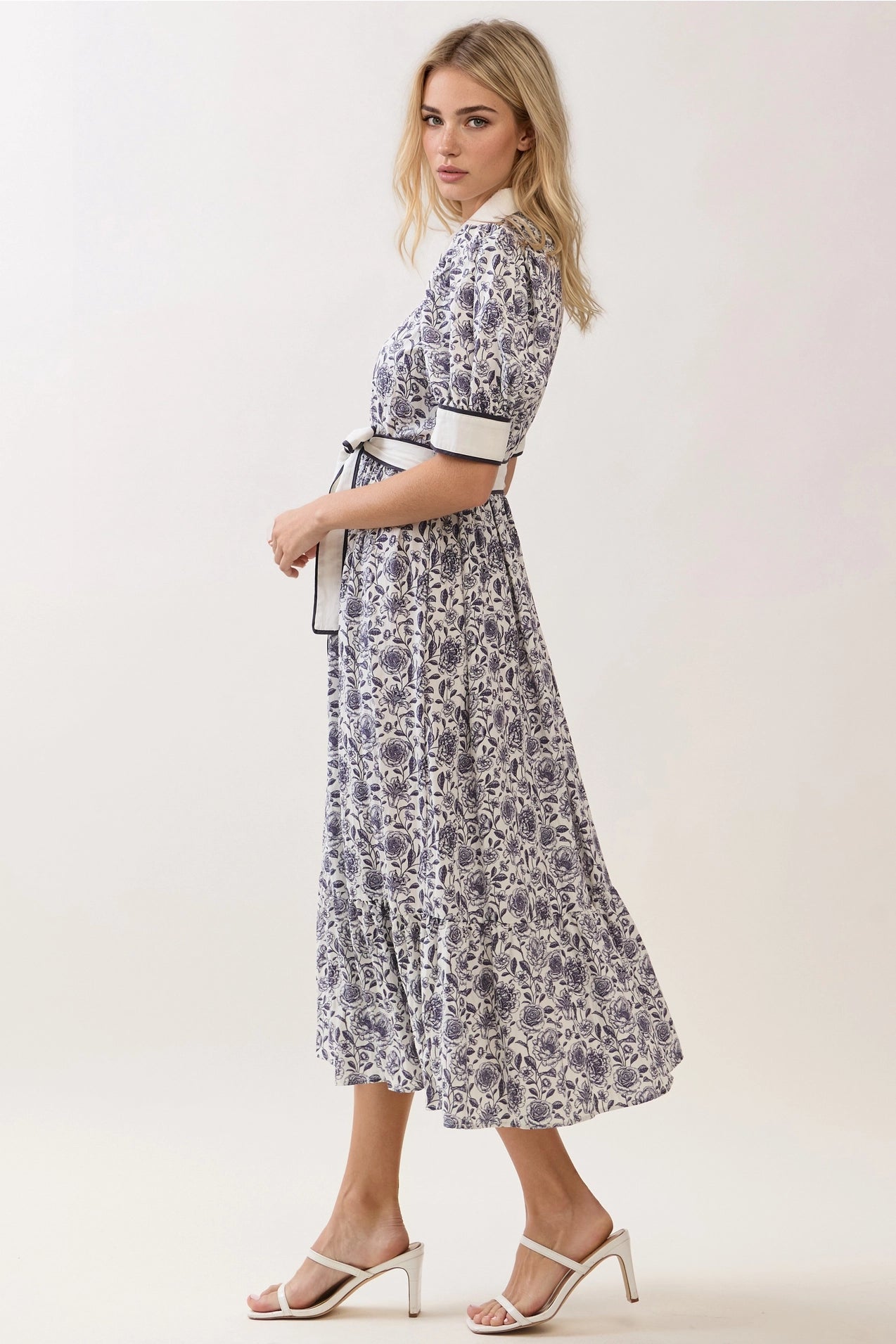 Print Contrast Trim Detail Button Down Dress