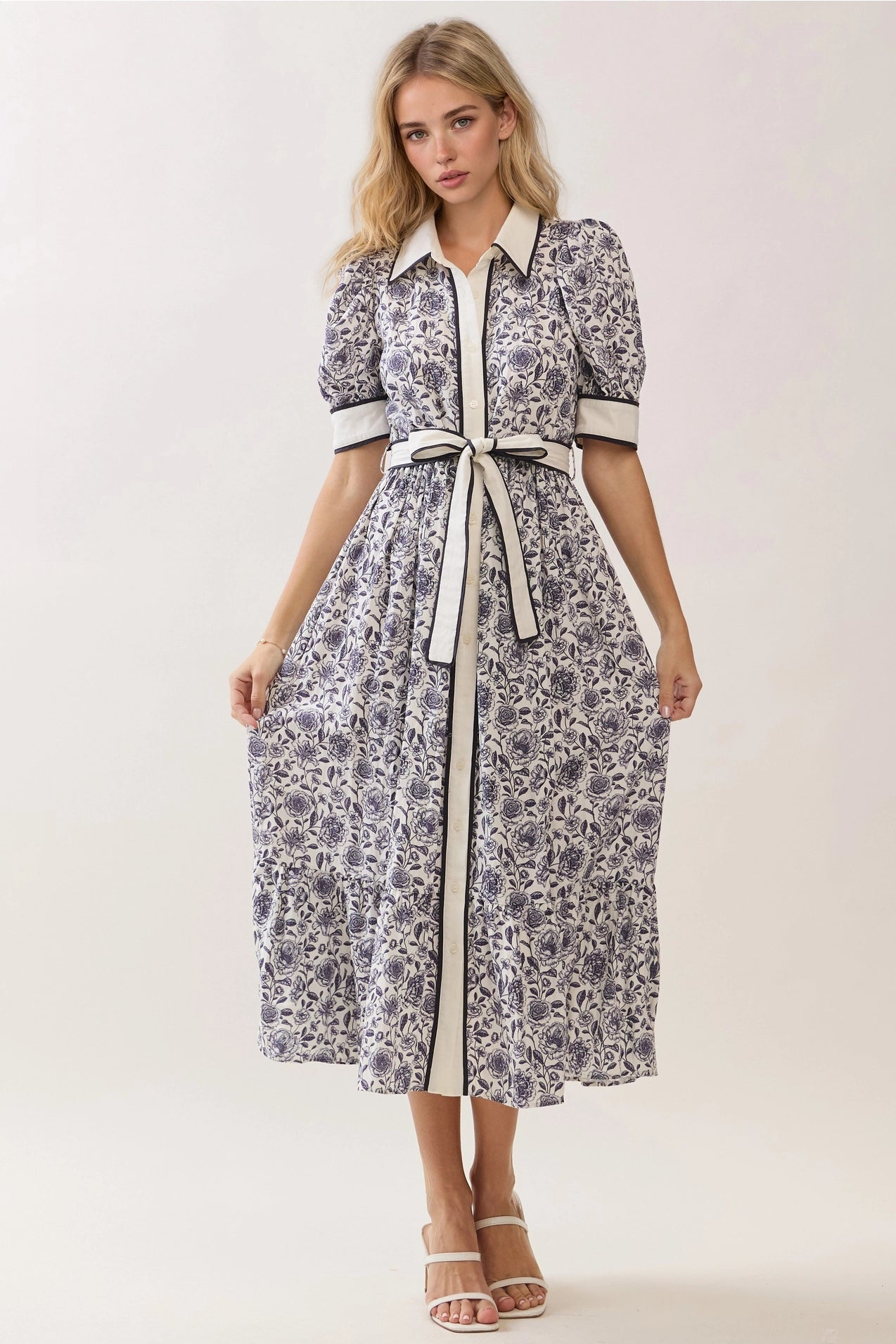 Print Contrast Trim Detail Button Down Dress