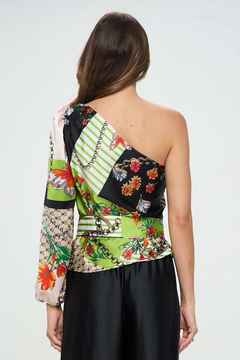 Print One Shoulder Formal Top with Tie-Tops-Reneecollection-Small-BLACK/CITRON-Urbanheer