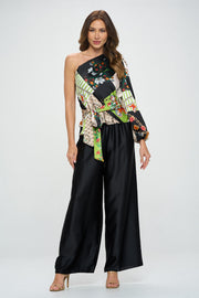 Print One Shoulder Formal Top with Tie-Tops-Reneecollection-Small-BLACK/CITRON-Urbanheer
