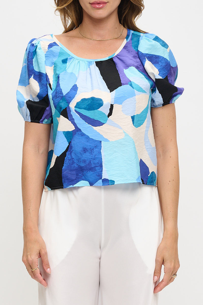 Print Round neck Puff Sleeve Top with Back Detail-New Arrival-Reneecollection-Small-BLUE-Urbanheer