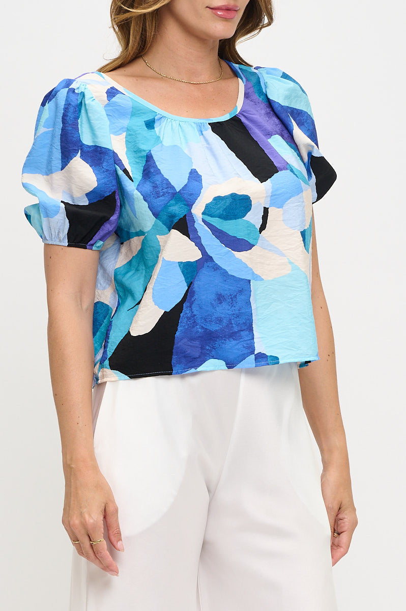 Print Round neck Puff Sleeve Top with Back Detail-New Arrival-Reneecollection-Small-BLUE-Urbanheer