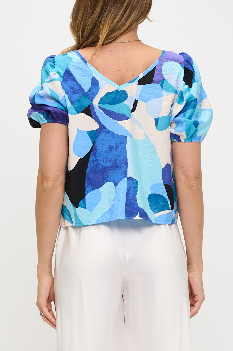 Print Round neck Puff Sleeve Top with Back Detail-New Arrival-Reneecollection-Small-BLUE-Urbanheer