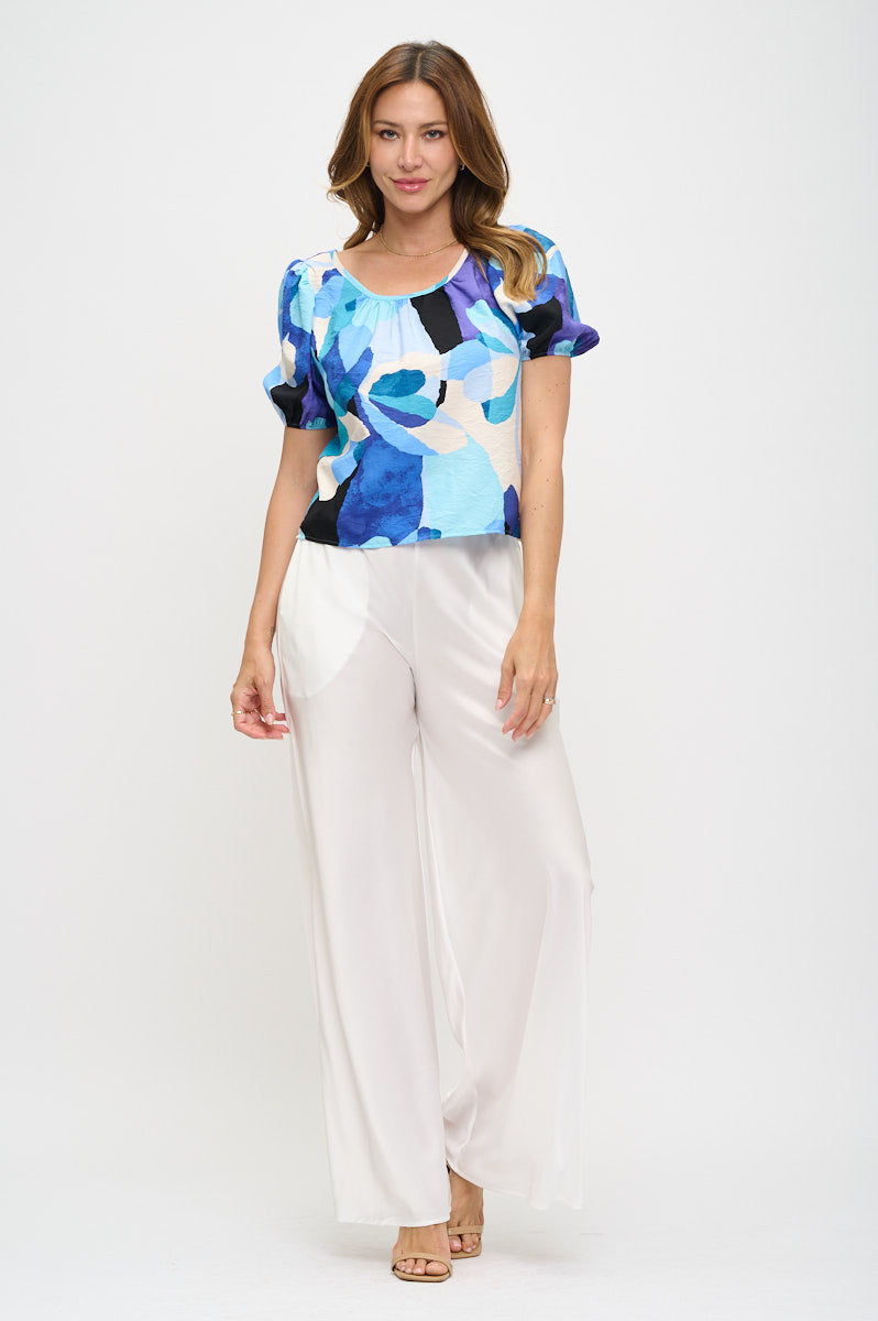 Print Round neck Puff Sleeve Top with Back Detail-New Arrival-Reneecollection-Small-BLUE-Urbanheer