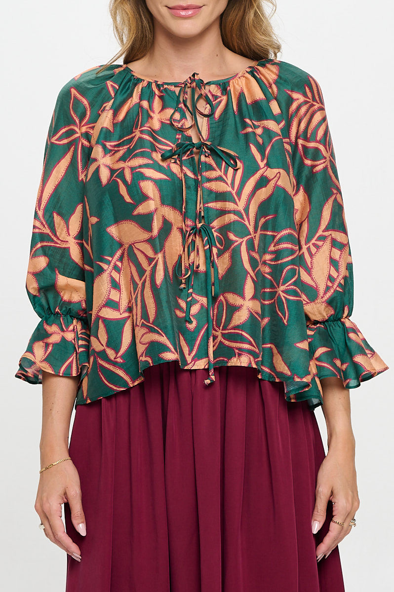 Print Round neck Top with Front Tie Detail.-New Arrival-Reneecollection-Small-GREEN/SALMON-Urbanheer
