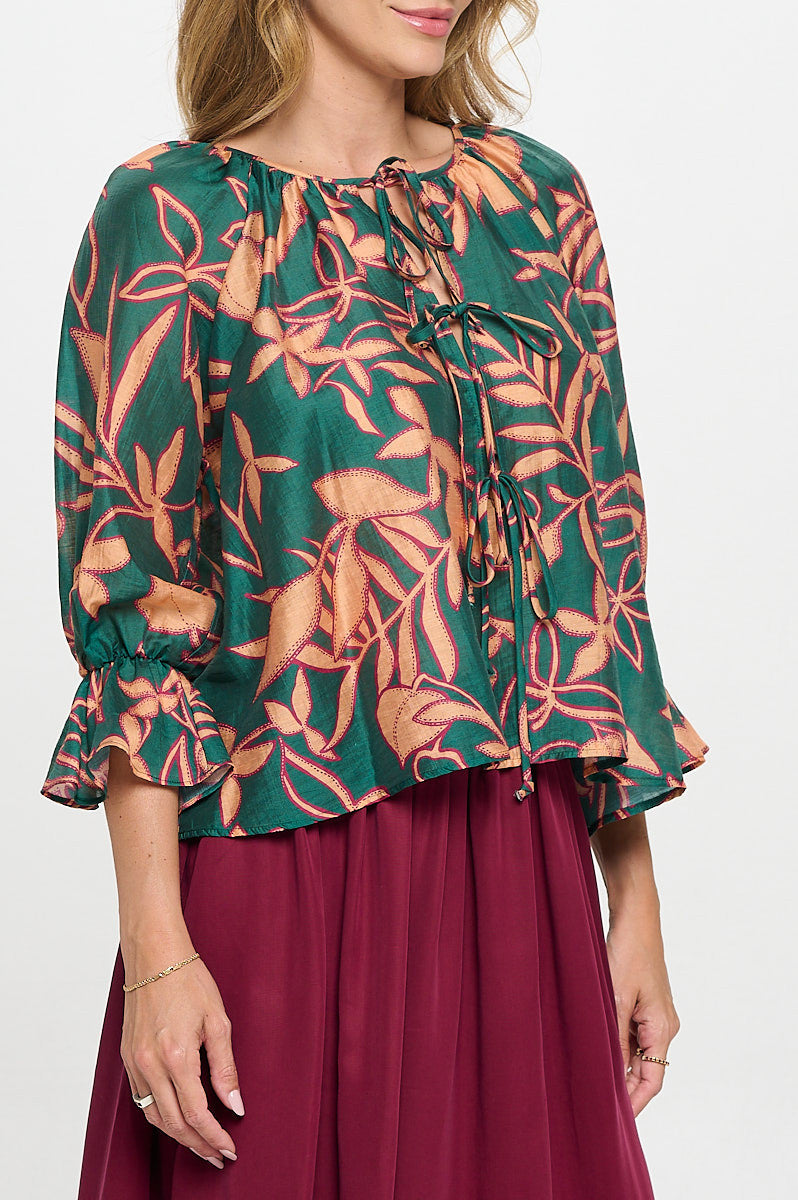 Print Round neck Top with Front Tie Detail.-New Arrival-Reneecollection-Small-GREEN/SALMON-Urbanheer
