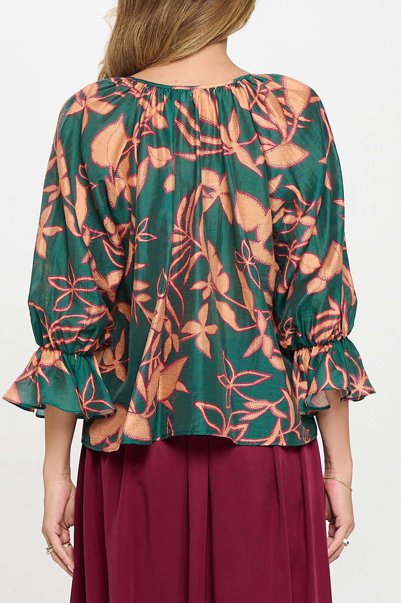 Print Round neck Top with Front Tie Detail.-New Arrival-Reneecollection-Small-GREEN/SALMON-Urbanheer