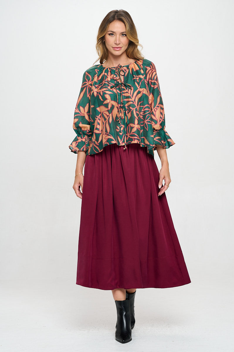 Print Round neck Top with Front Tie Detail.-New Arrival-Reneecollection-Small-GREEN/SALMON-Urbanheer