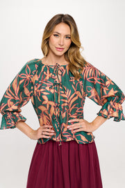 Print Round neck Top with Front Tie Detail.-New Arrival-Reneecollection-Small-GREEN/SALMON-Urbanheer