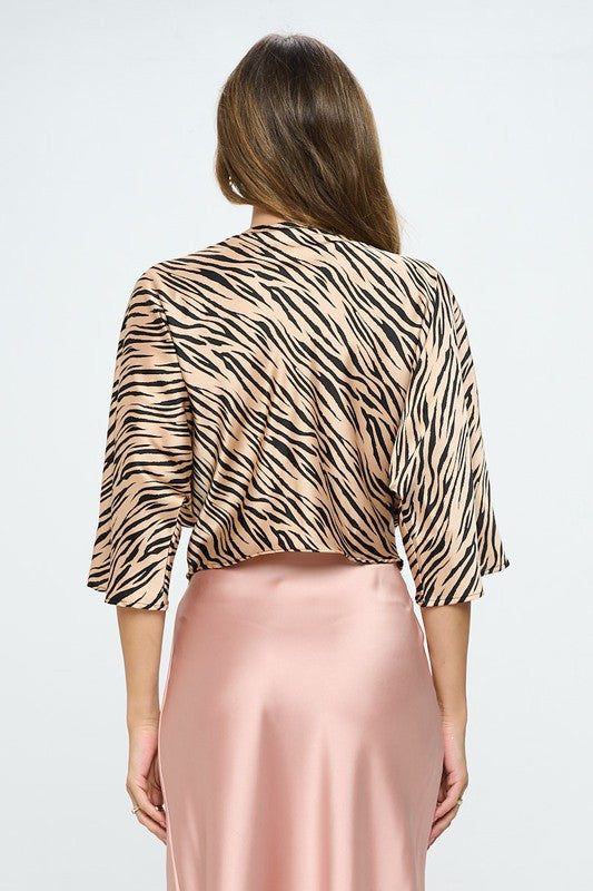 Print Satin Short Sleeve Top with Front Twist-Tops-Reneecollection-Small-TAUPE/BLACK-Urbanheer