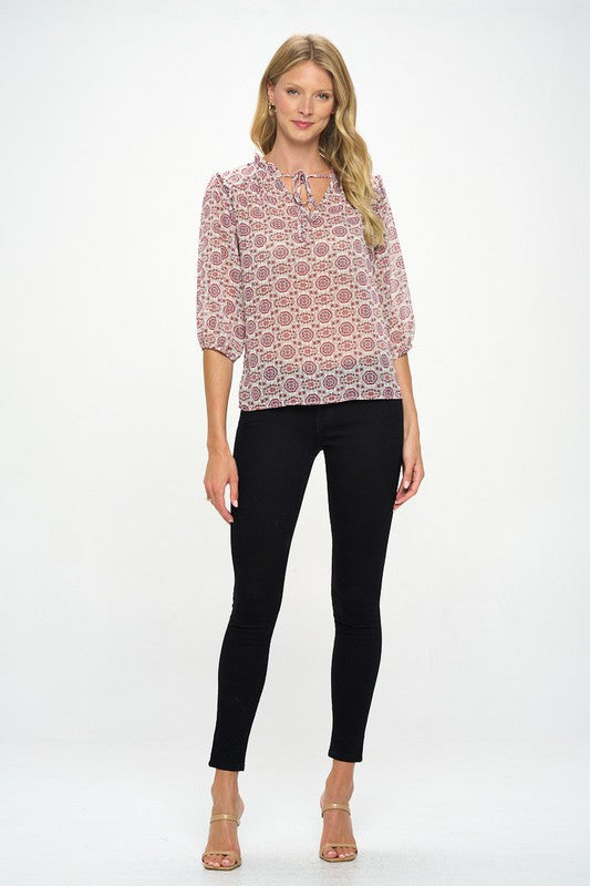 Print Semi Sheer Top with Tie-New Arrival-Reneecollection-Small-IVORY-Urbanheer