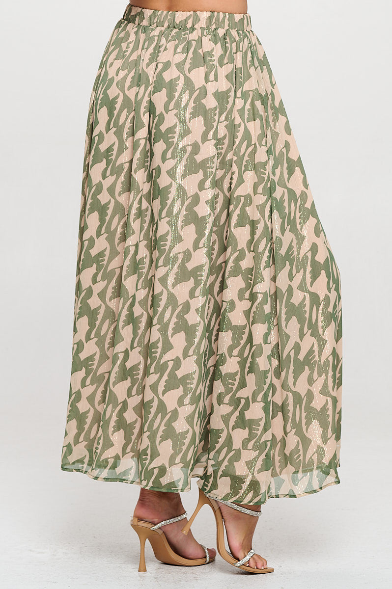 Print Sheer Maxi Skirt with Lining and Elastic Waist-Skirts-Reneecollection-Small-GREEN-Urbanheer