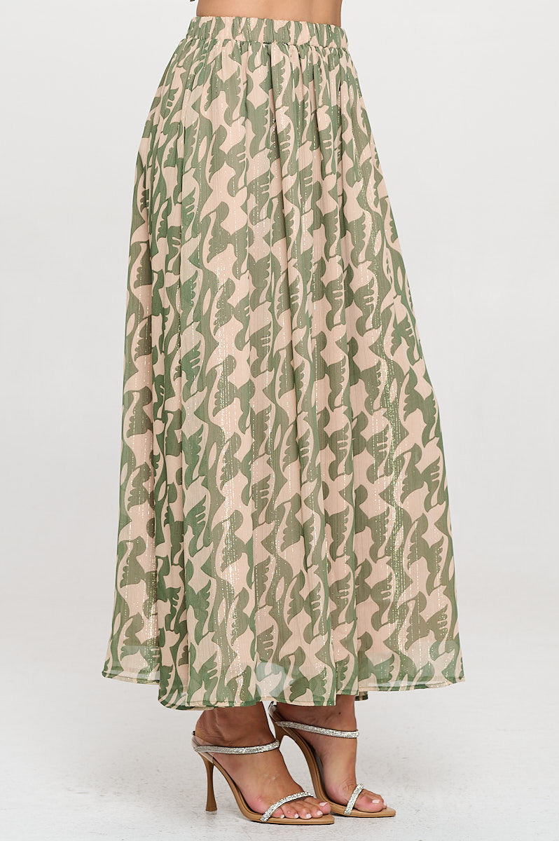 Print Sheer Maxi Skirt with Lining and Elastic Waist-Skirts-Reneecollection-Small-GREEN-Urbanheer