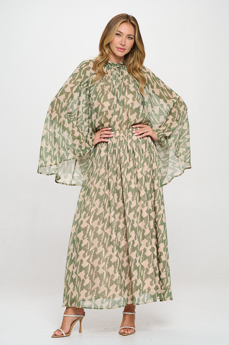 Print Sheer Maxi Skirt with Lining and Elastic Waist-Skirts-Reneecollection-Small-GREEN-Urbanheer