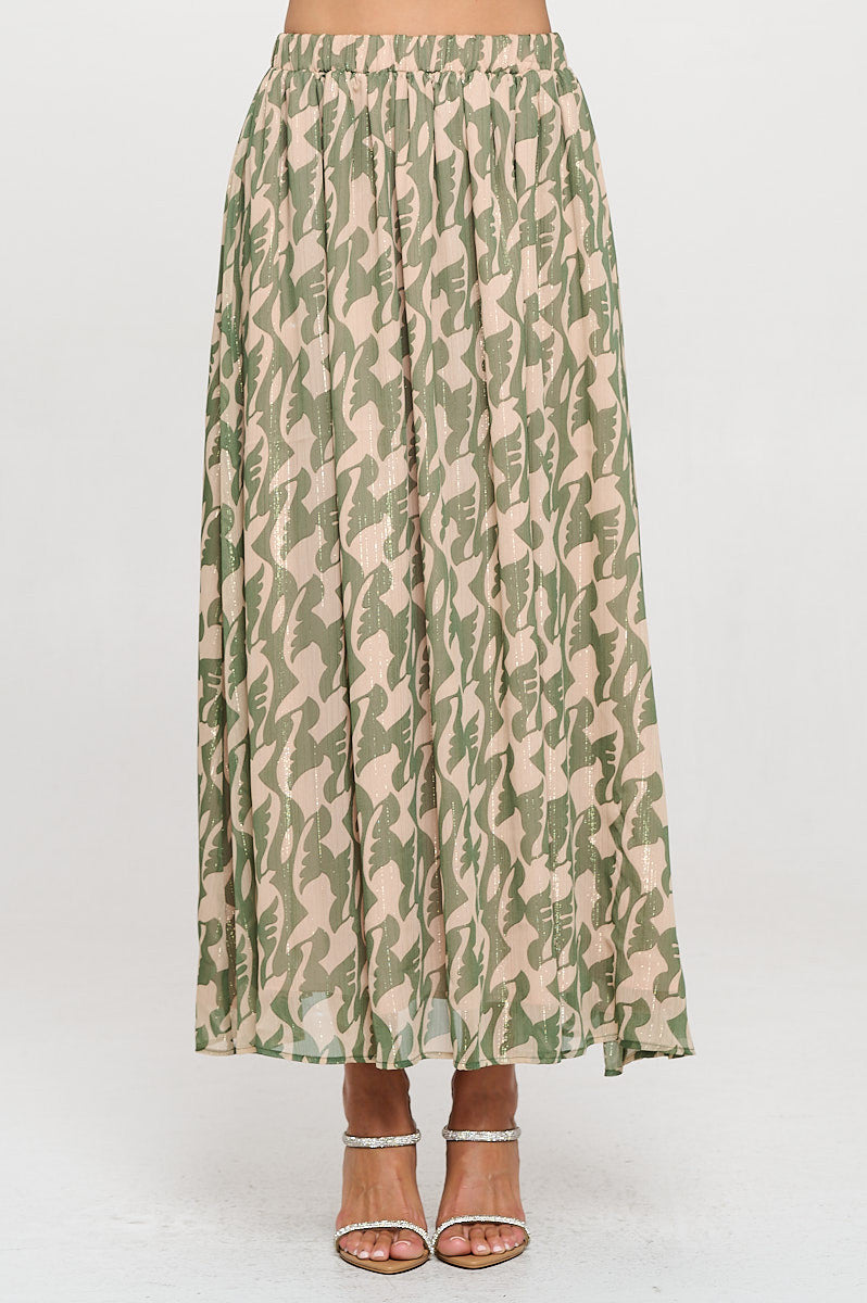 Print Sheer Maxi Skirt with Lining and Elastic Waist-Skirts-Reneecollection-Small-GREEN-Urbanheer