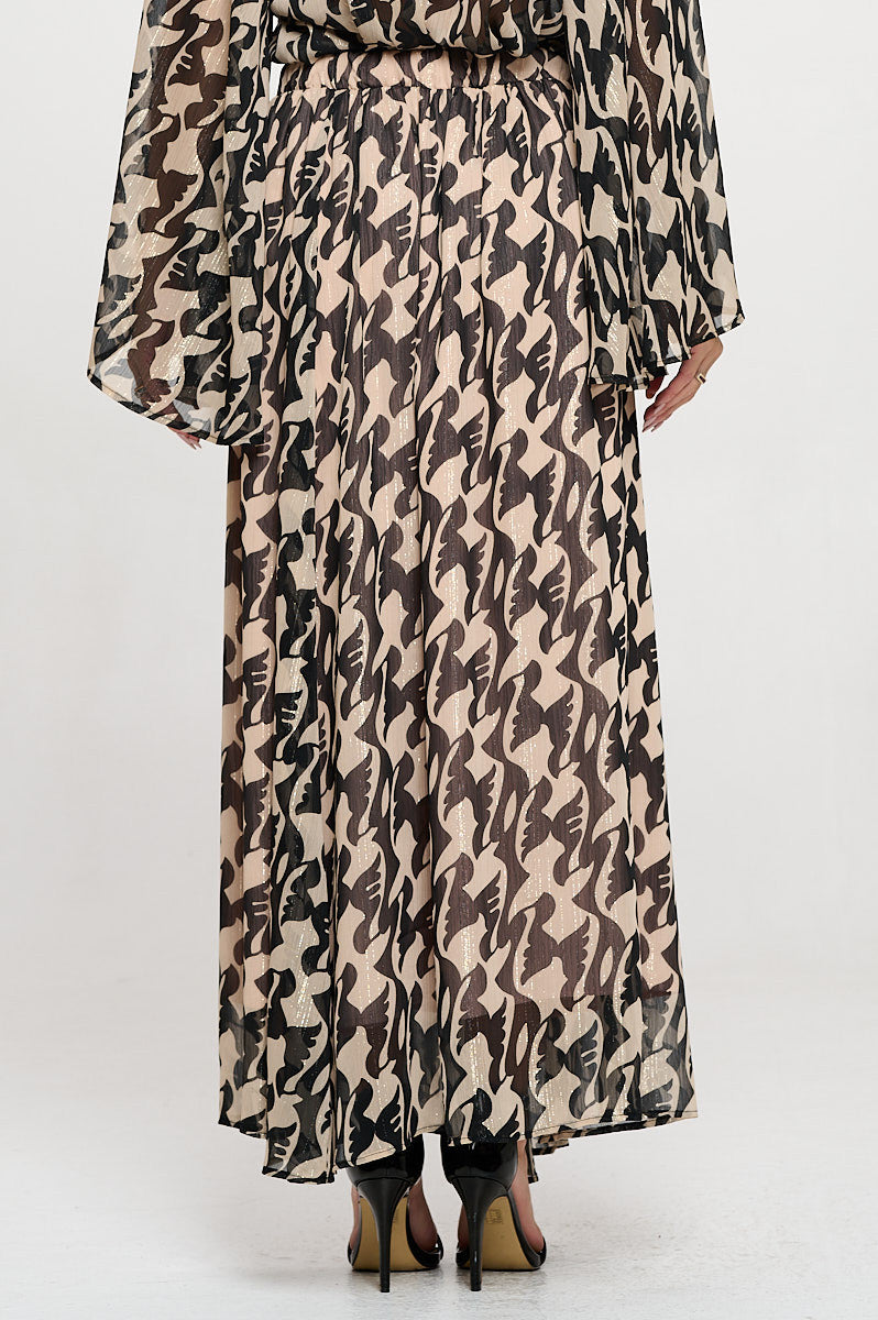 Print Sheer Maxi Skirt�with Lining and Elastic Waist-New Arrival-Reneecollection-Small-BLACK-Urbanheer