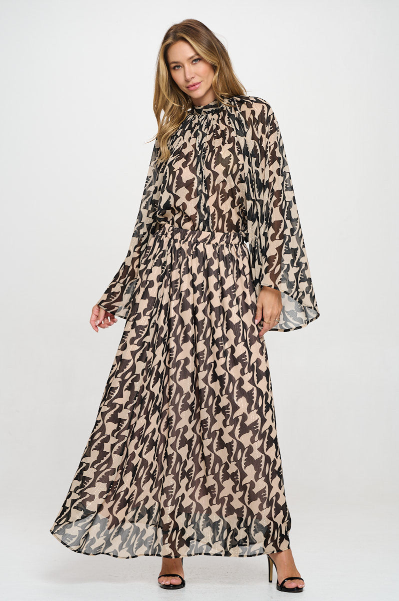 Print Sheer Maxi Skirt�with Lining and Elastic Waist-New Arrival-Reneecollection-Small-BLACK-Urbanheer