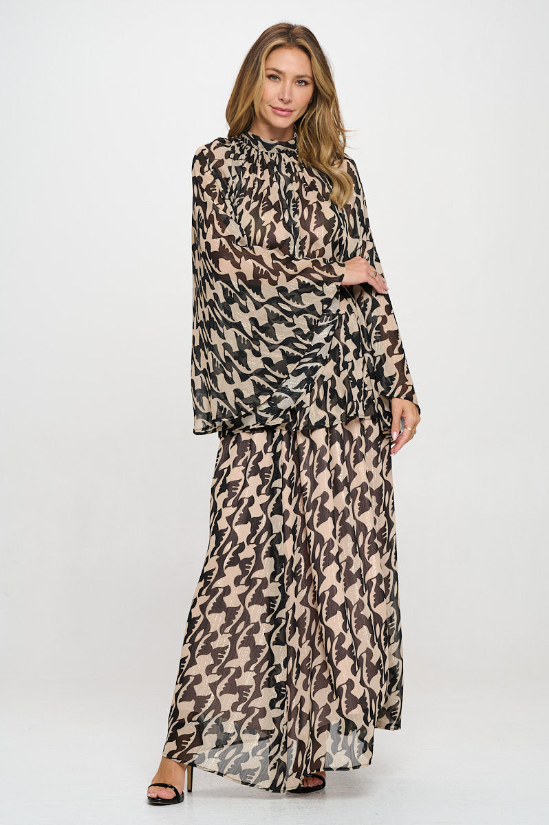 Print Sheer Maxi Skirt�with Lining and Elastic Waist-New Arrival-Reneecollection-Small-BLACK-Urbanheer