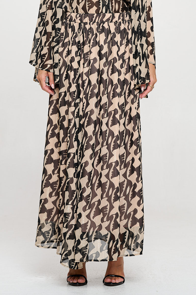 Print Sheer Maxi Skirt�with Lining and Elastic Waist-New Arrival-Reneecollection-Small-BLACK-Urbanheer