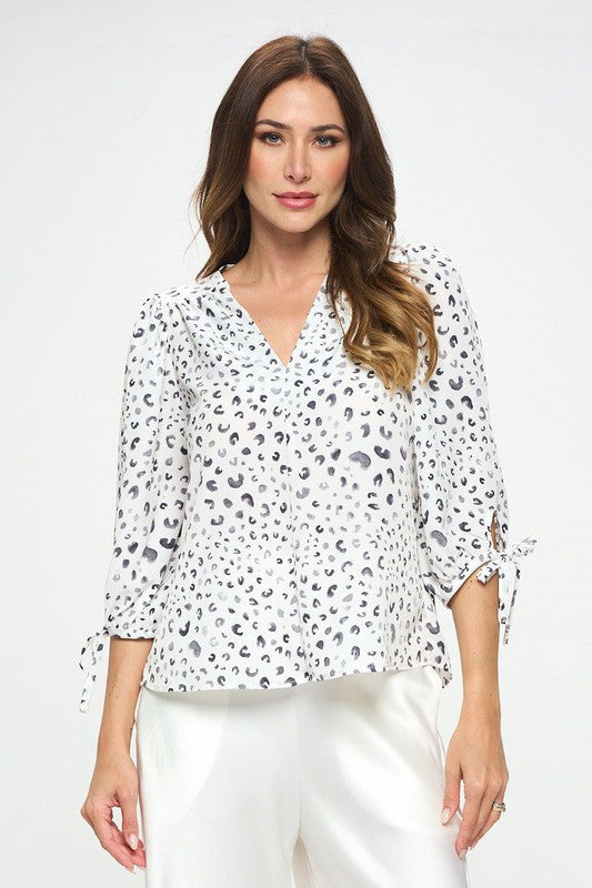 Print Top with Self Tie Sleeves-New Arrival-Reneecollection-Small-WHITE/BLACK-Urbanheer