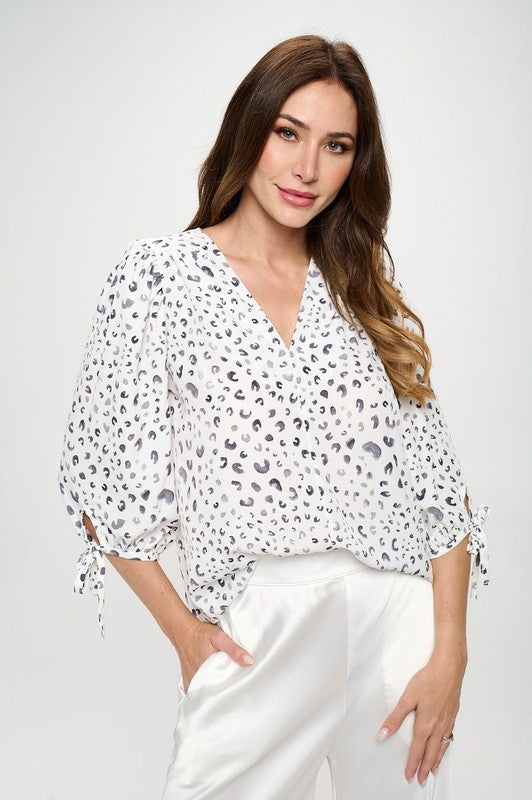 Print Top with Self Tie Sleeves-New Arrival-Reneecollection-Small-WHITE/BLACK-Urbanheer