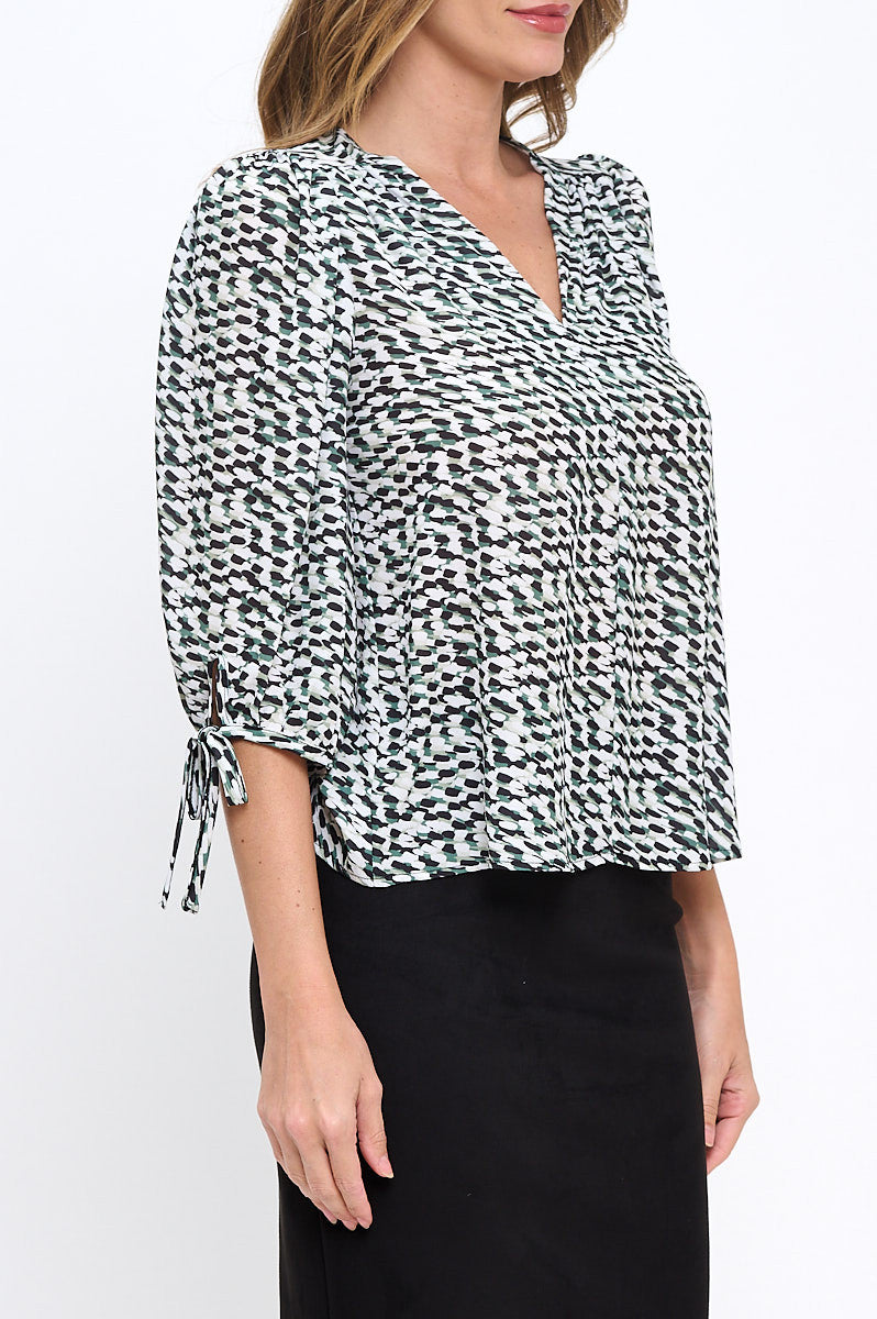 Print V neck 3/4 Sleeve Top-New Arrival-Reneecollection-Small-OLIVE/WHITE-Urbanheer