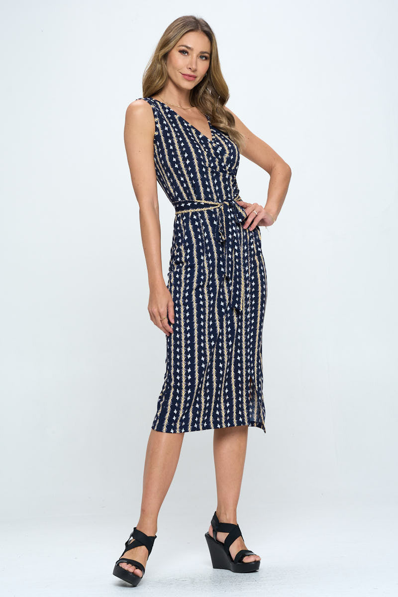 Print V neck Dress with Tie and Slit-Dresses-Reneecollection-Urbanheer