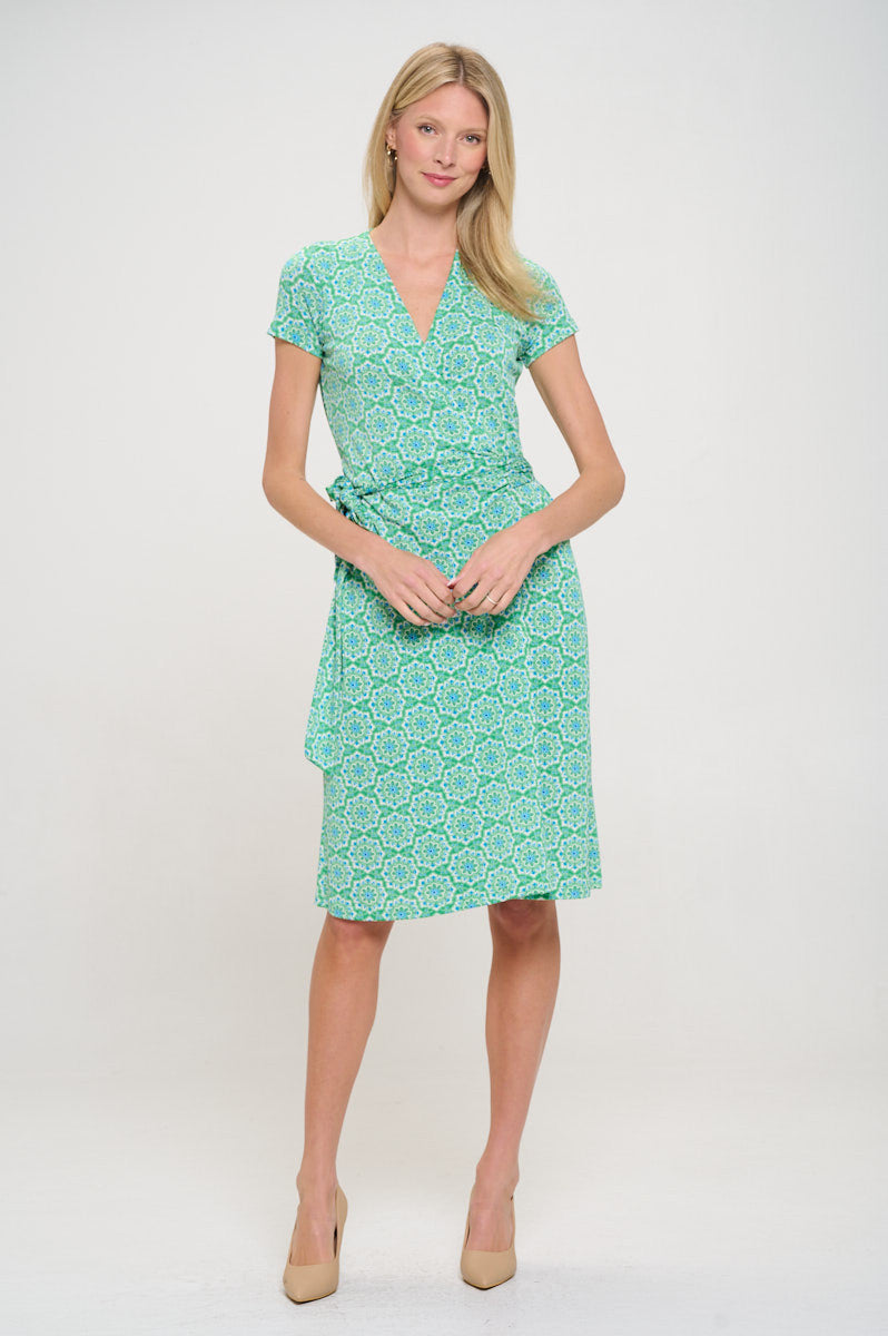 Print V neck Jersey Dress with Tie-Dresses-Reneecollection-Small-GREEN-Urbanheer