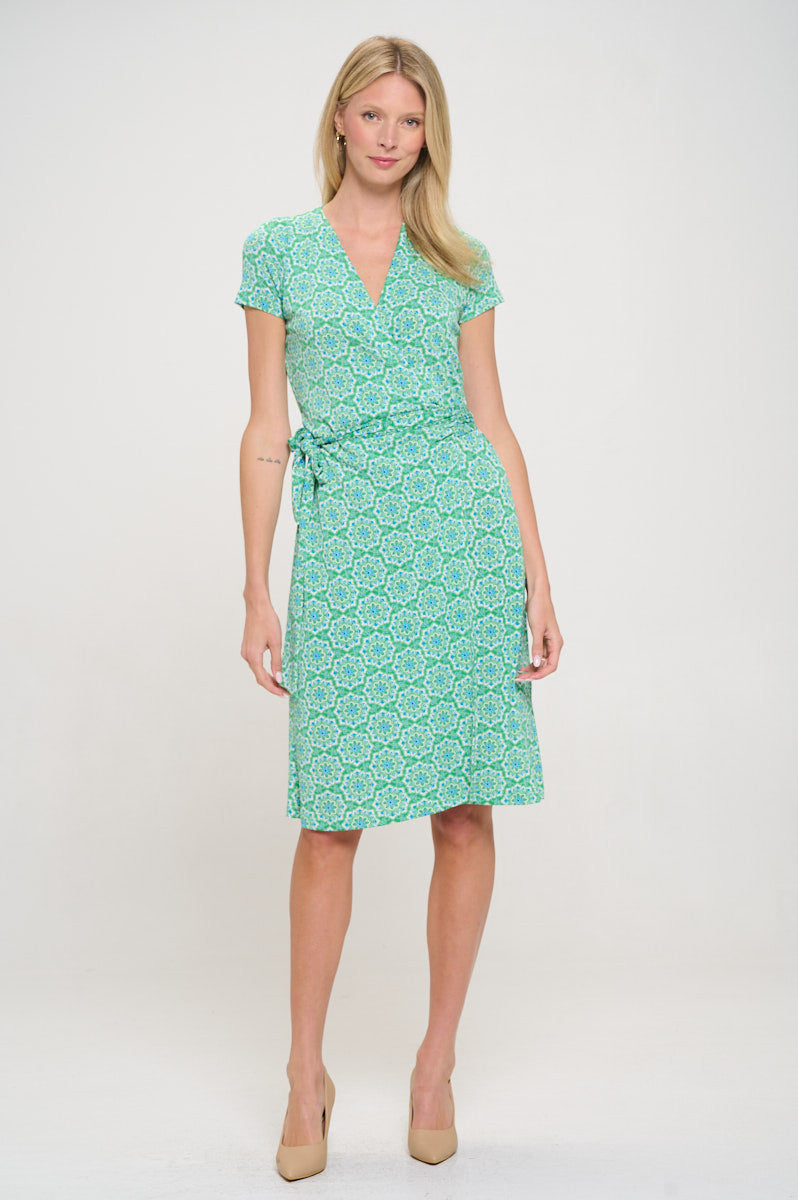 Print V neck Jersey Dress with Tie-Dresses-Reneecollection-Small-GREEN-Urbanheer
