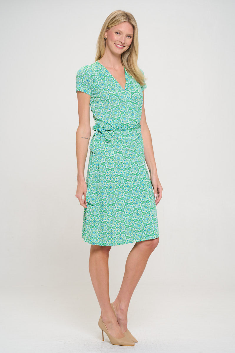 Print V neck Jersey Dress with Tie-Dresses-Reneecollection-Small-GREEN-Urbanheer