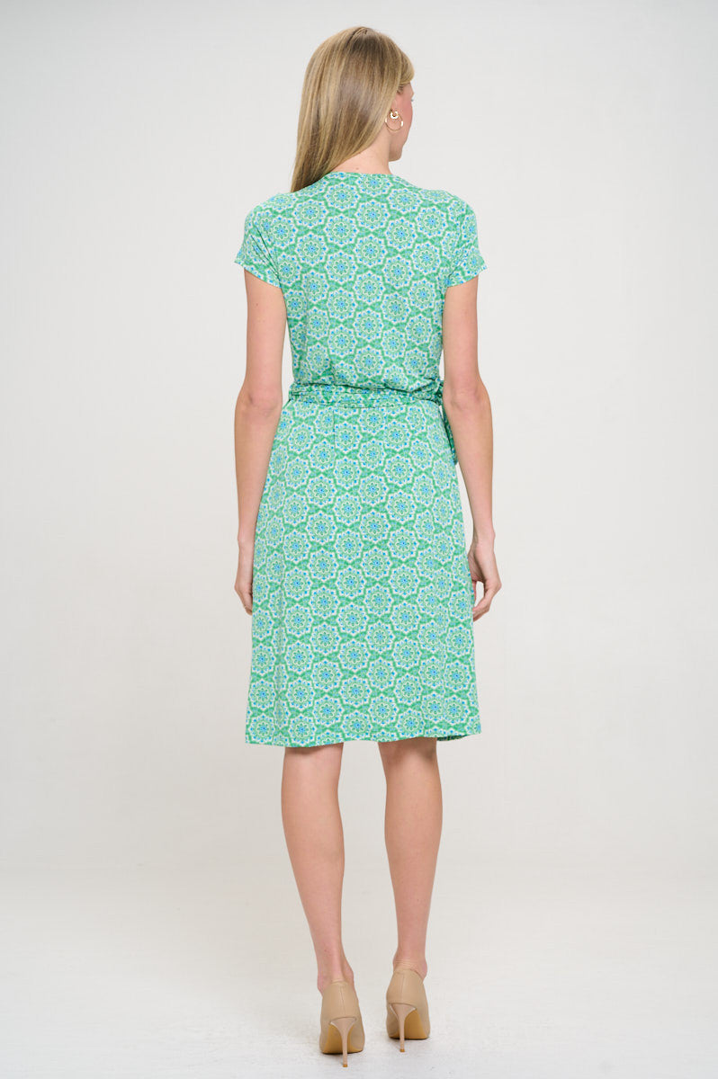 Print V neck Jersey Dress with Tie-Dresses-Reneecollection-Small-GREEN-Urbanheer