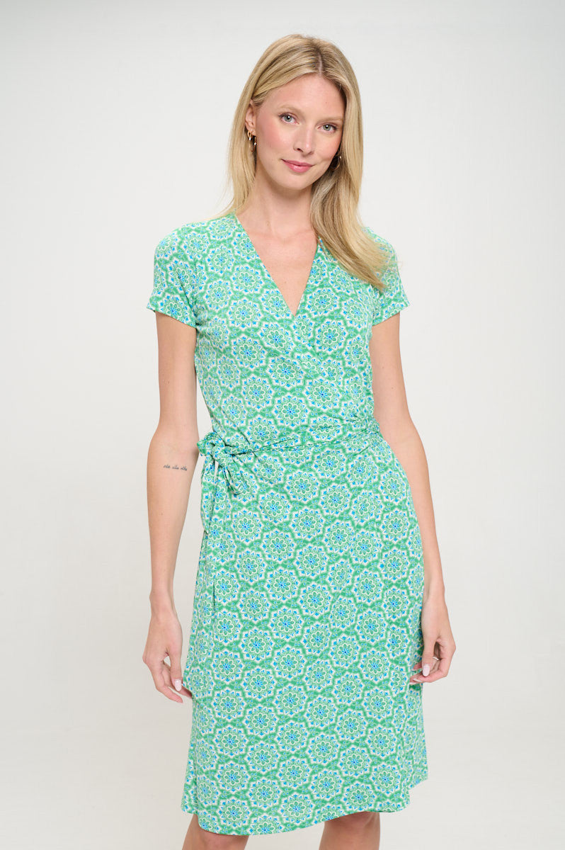 Print V neck Jersey Dress with Tie-Dresses-Reneecollection-Small-GREEN-Urbanheer