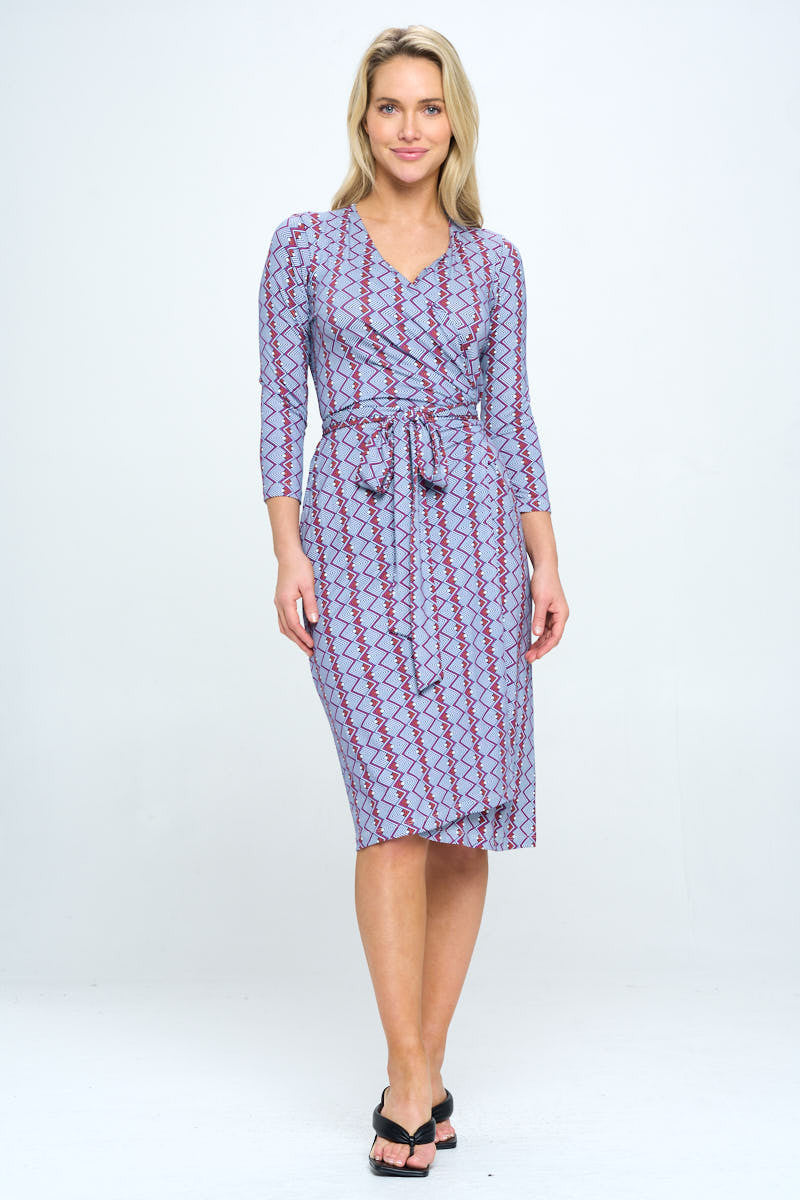 Print V neck Jersey Wrap Dress with Tie-Dresses-Reneecollection-Urbanheer
