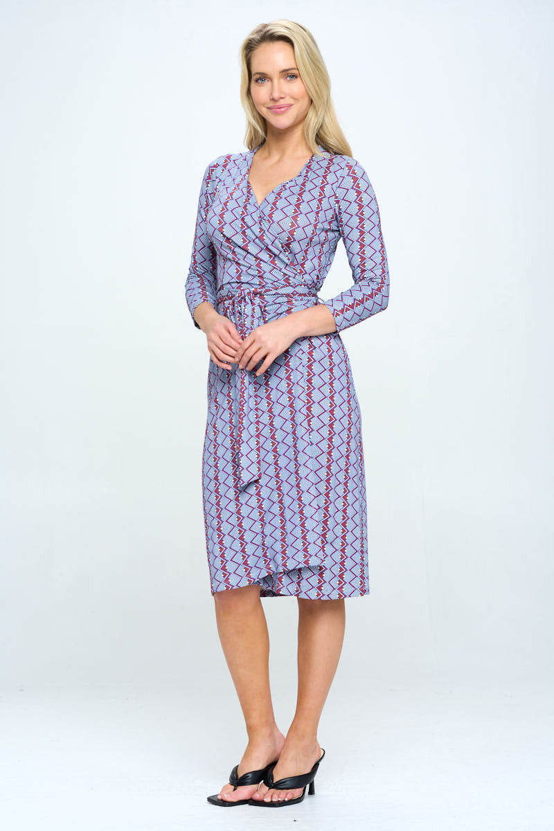 Print V neck Jersey Wrap Dress with Tie-Dresses-Reneecollection-Urbanheer