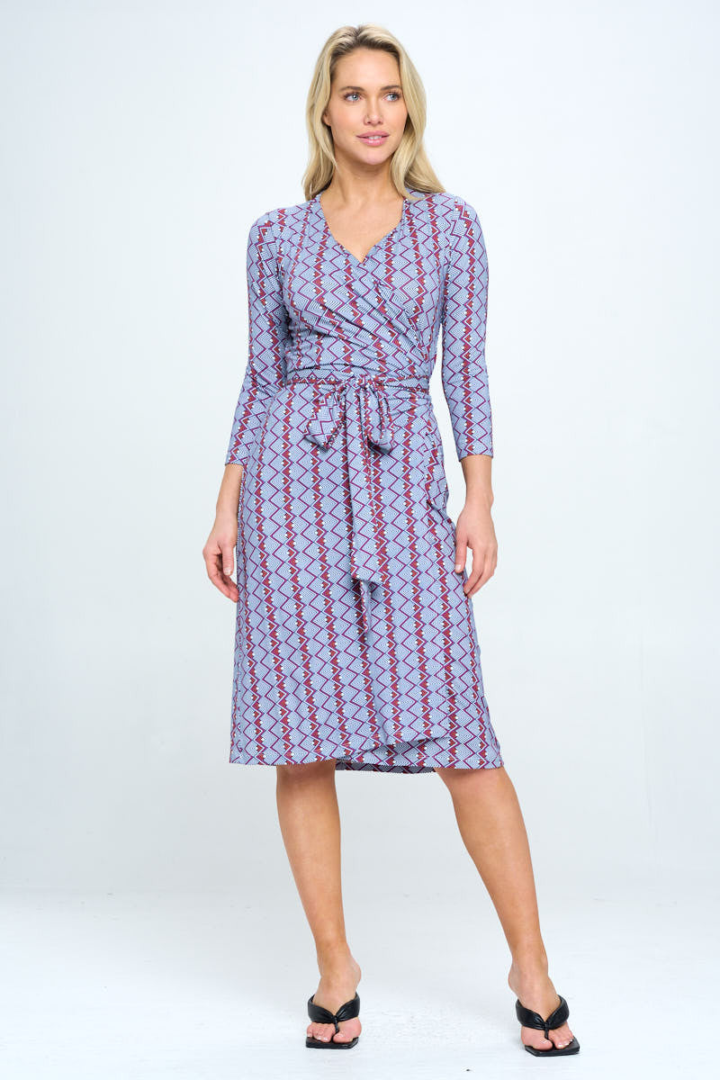 Print V neck Jersey Wrap Dress with Tie-Dresses-Reneecollection-Urbanheer