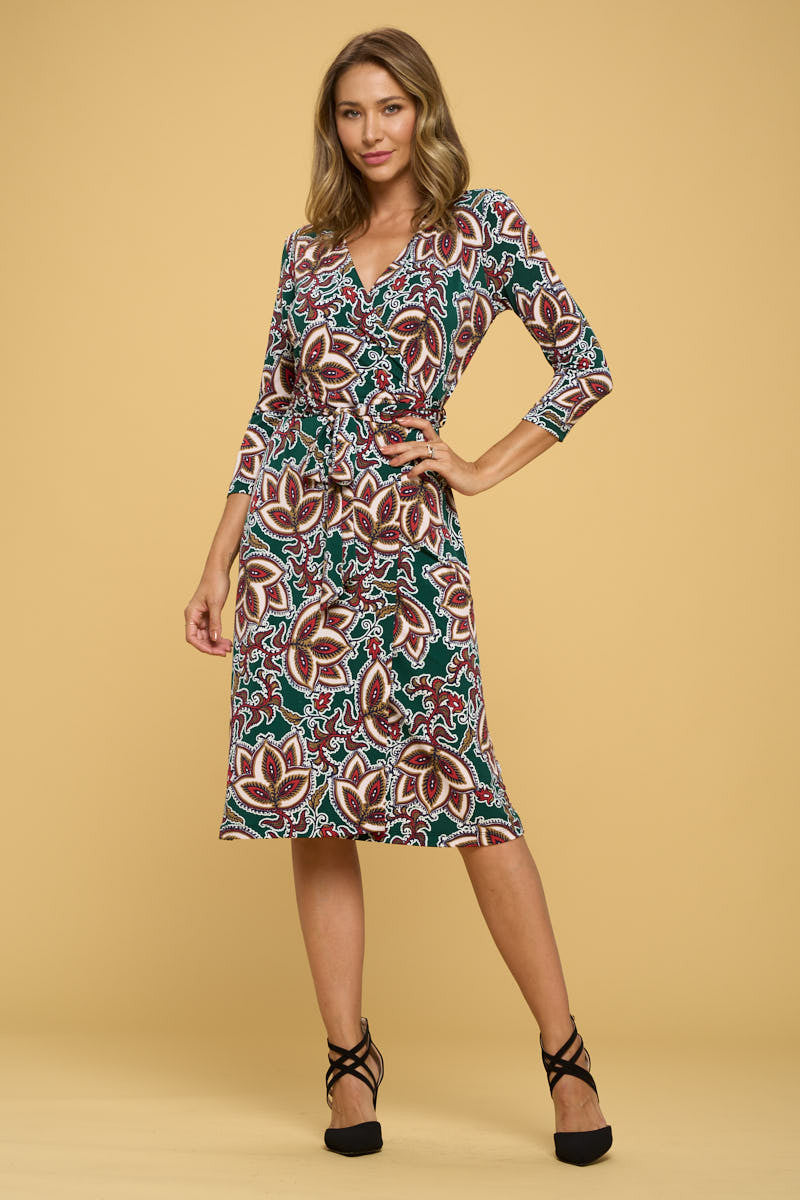 Print V neck Jersey Wrap Dress with Tie-Dresses-Reneecollection-Urbanheer
