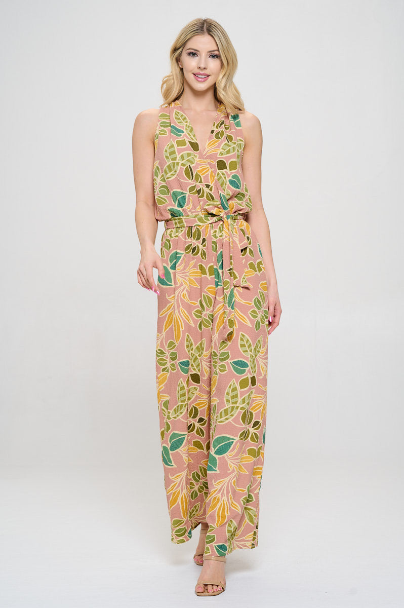 Print V neck Sleeveless Jumpsuit with Tie-Jumpsuits-Reneecollection-Small-ROSE-Urbanheer