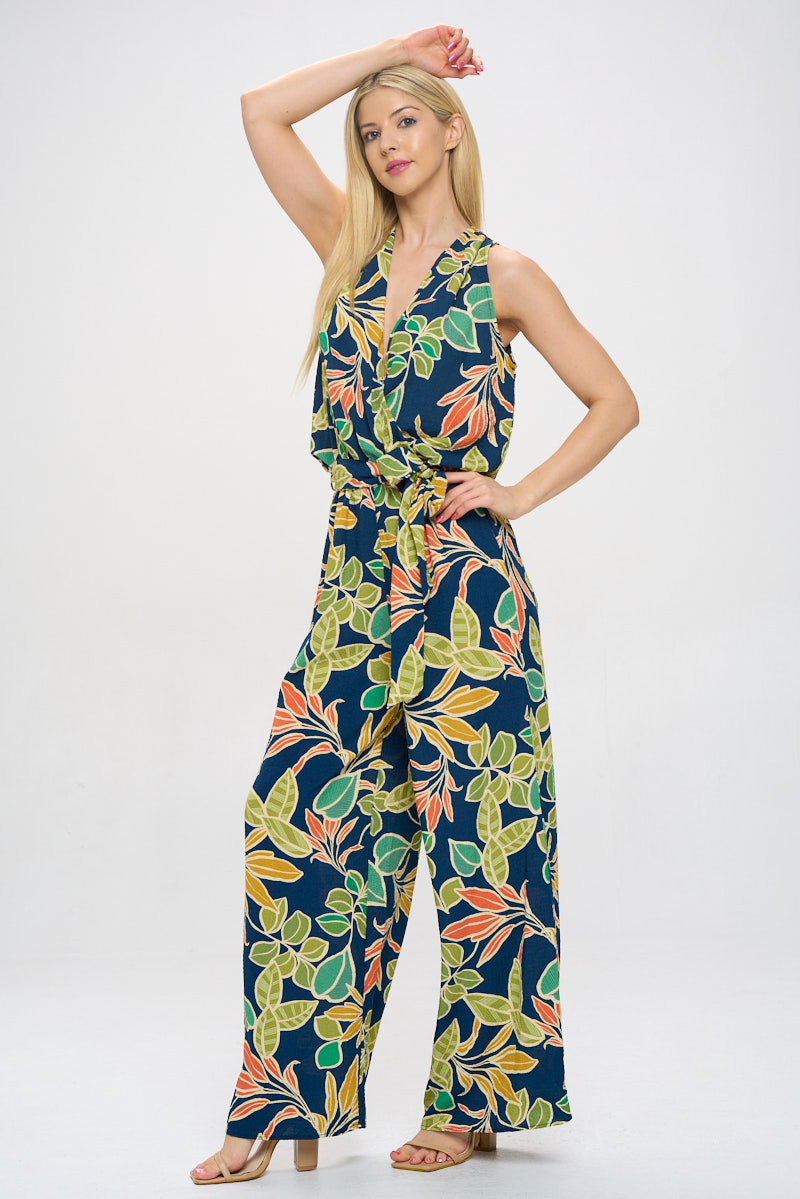 Print V neck Sleeveless Jumpsuit with Tie-Jumpsuits-Reneecollection-Small-NAVY-Urbanheer
