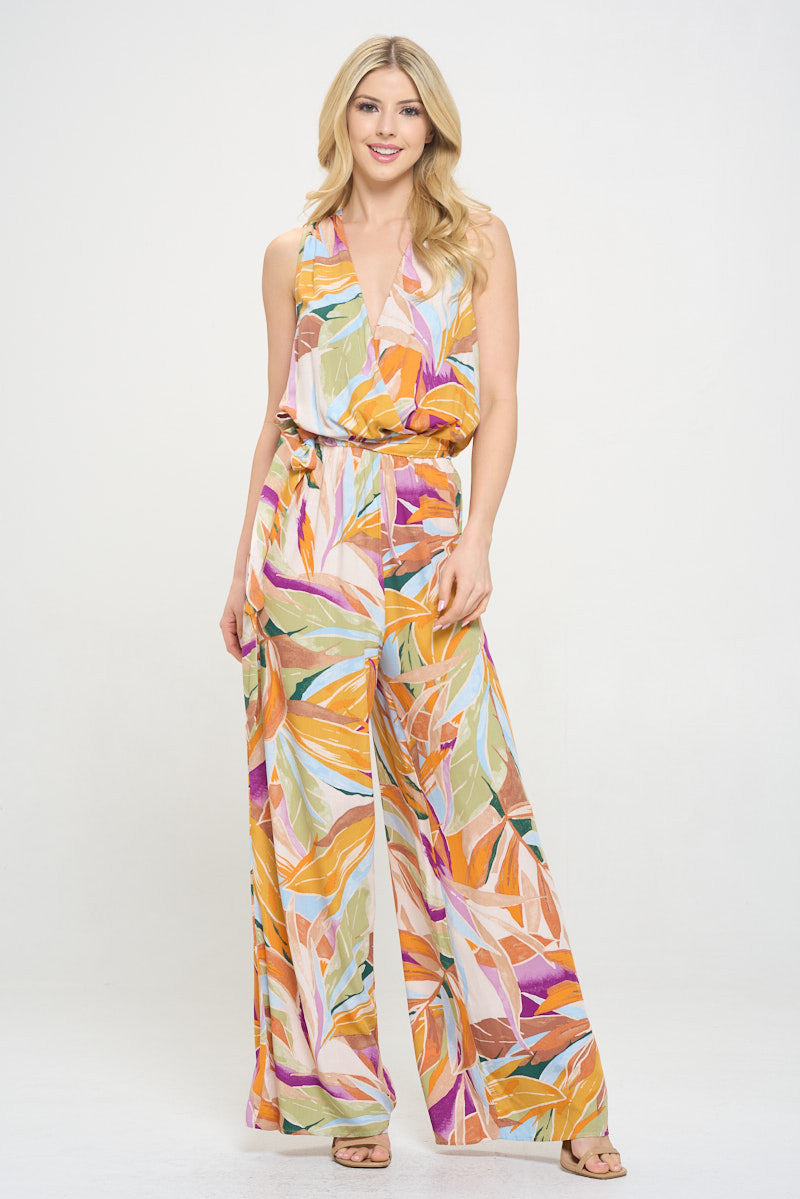 Print V neck Sleeveless Jumpsuit with Tie-Jumpsuits-Reneecollection-Small-CORAL-Urbanheer