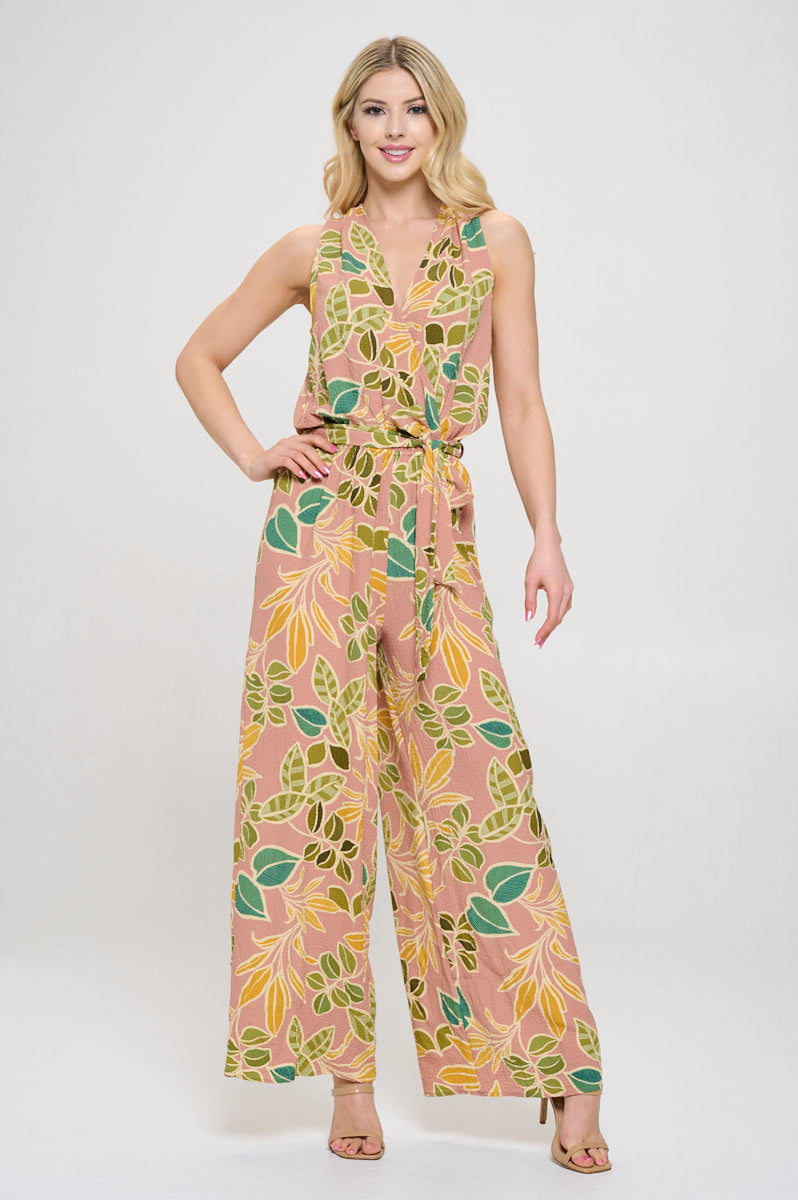 Print V neck Sleeveless Jumpsuit with Tie-Jumpsuits-Reneecollection-Small-ROSE-Urbanheer