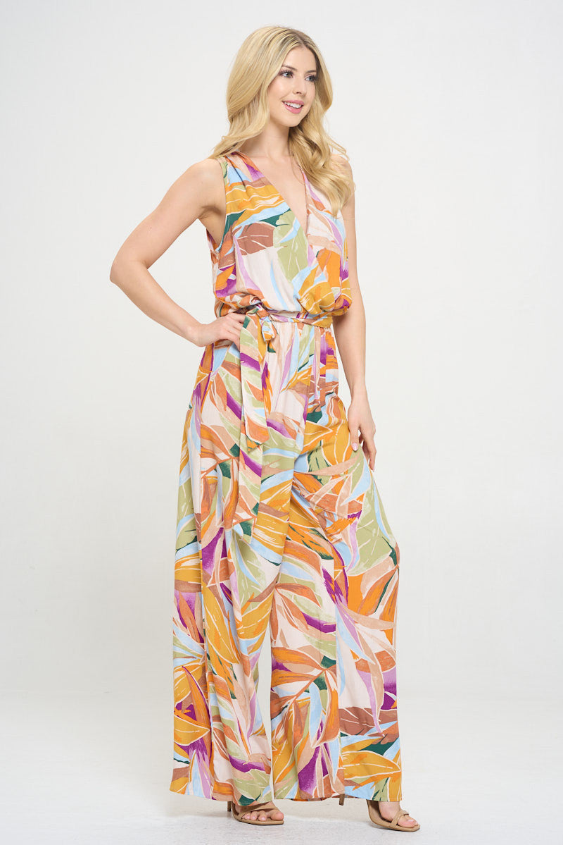 Print V neck Sleeveless Jumpsuit with Tie-Jumpsuits-Reneecollection-Small-CORAL-Urbanheer
