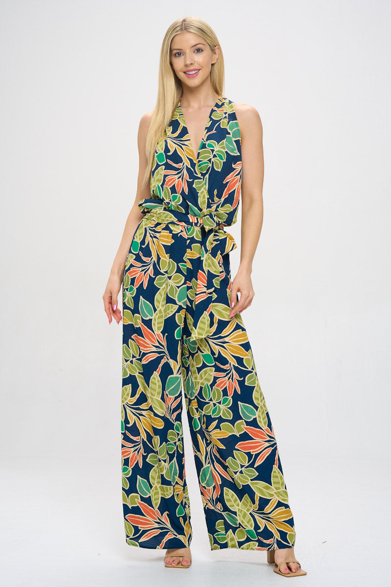 Print V neck Sleeveless Jumpsuit with Tie-Jumpsuits-Reneecollection-Small-NAVY-Urbanheer