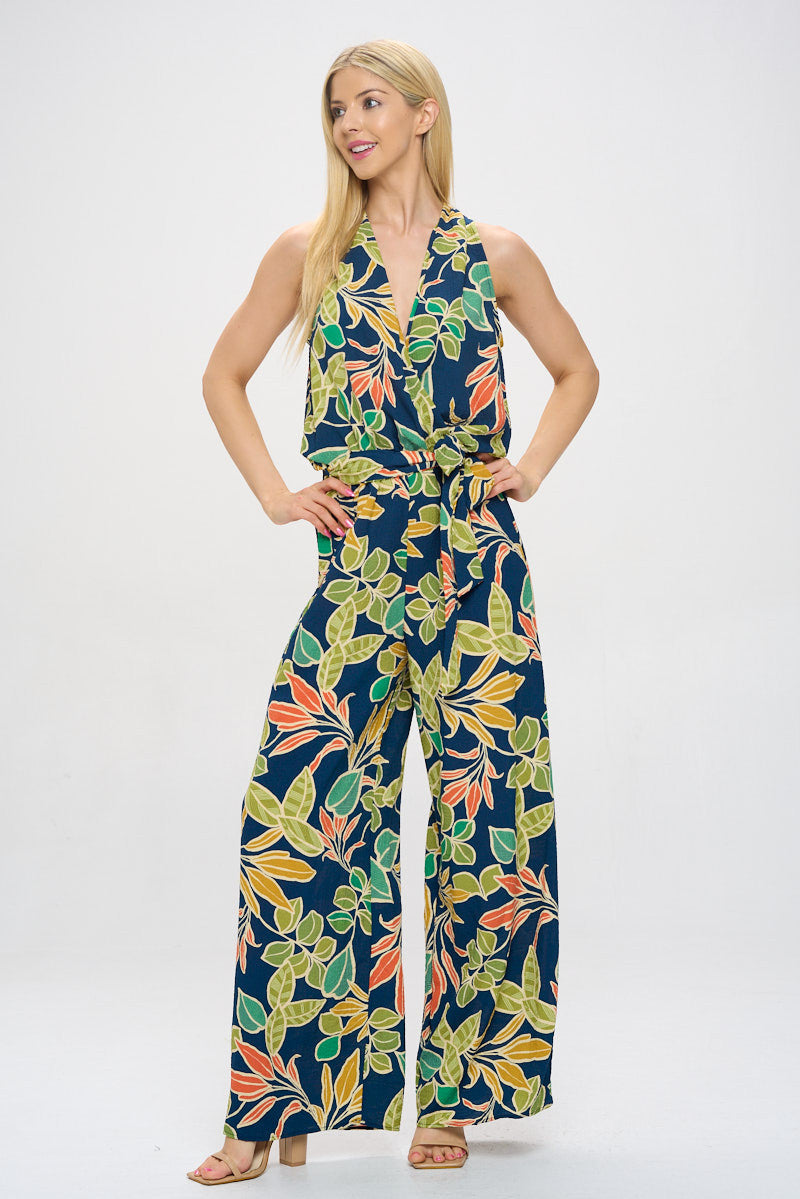 Print V neck Sleeveless Jumpsuit with Tie-Jumpsuits-Reneecollection-Small-NAVY-Urbanheer