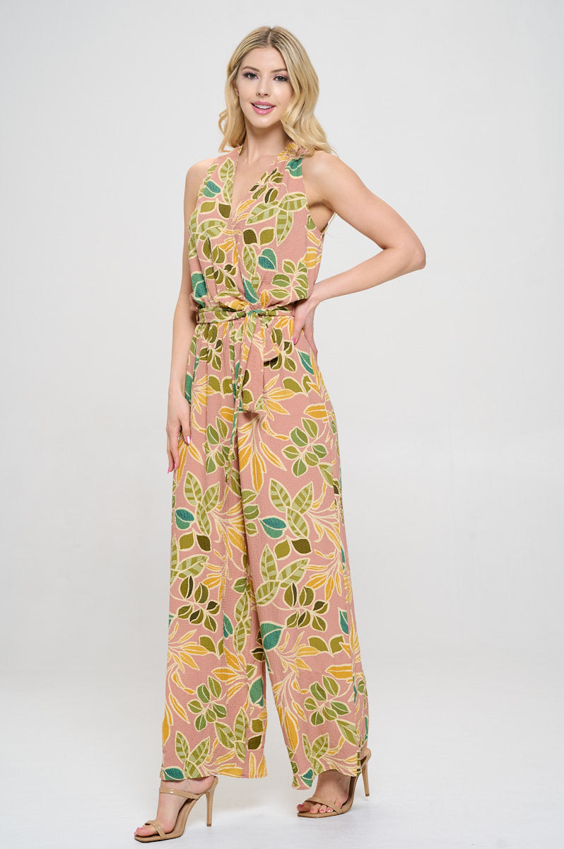 Print V neck Sleeveless Jumpsuit with Tie-Jumpsuits-Reneecollection-Small-ROSE-Urbanheer