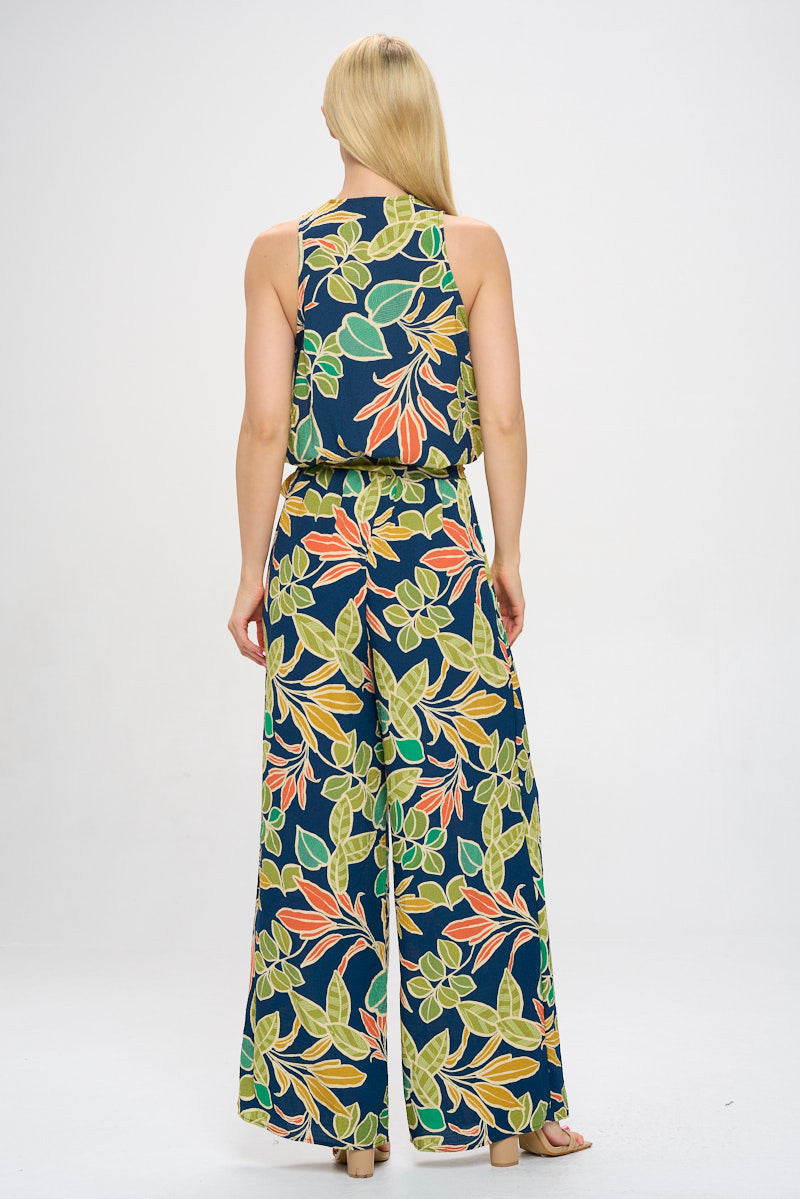Print V neck Sleeveless Jumpsuit with Tie-Jumpsuits-Reneecollection-Small-NAVY-Urbanheer
