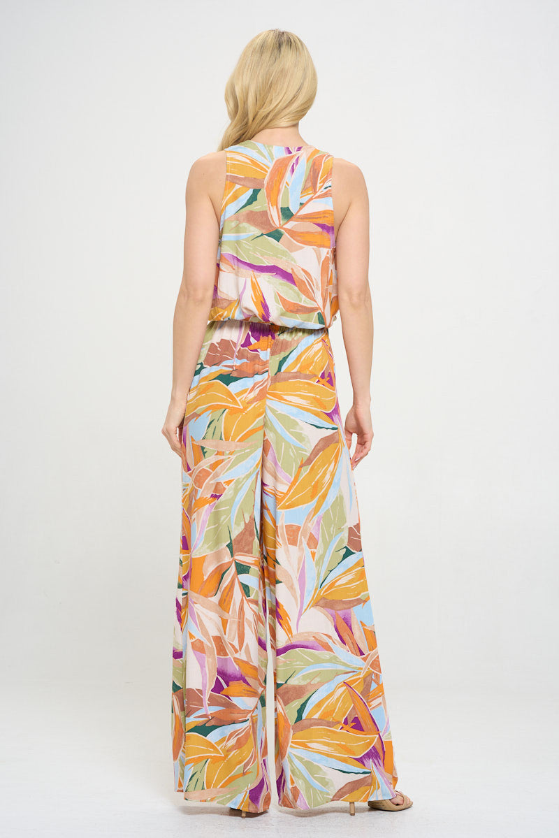 Print V neck Sleeveless Jumpsuit with Tie-Jumpsuits-Reneecollection-Small-CORAL-Urbanheer