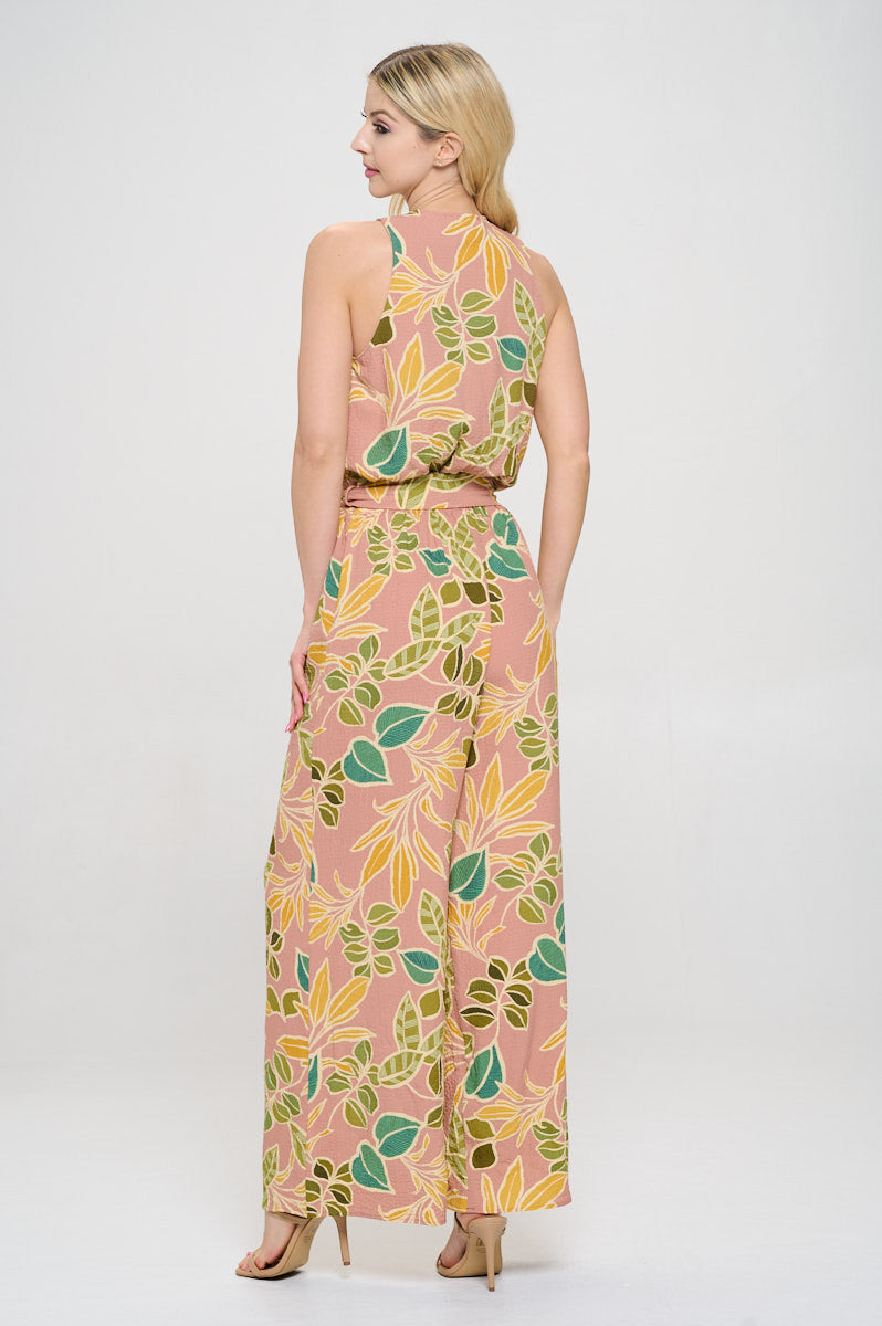 Print V neck Sleeveless Jumpsuit with Tie-Jumpsuits-Reneecollection-Small-ROSE-Urbanheer