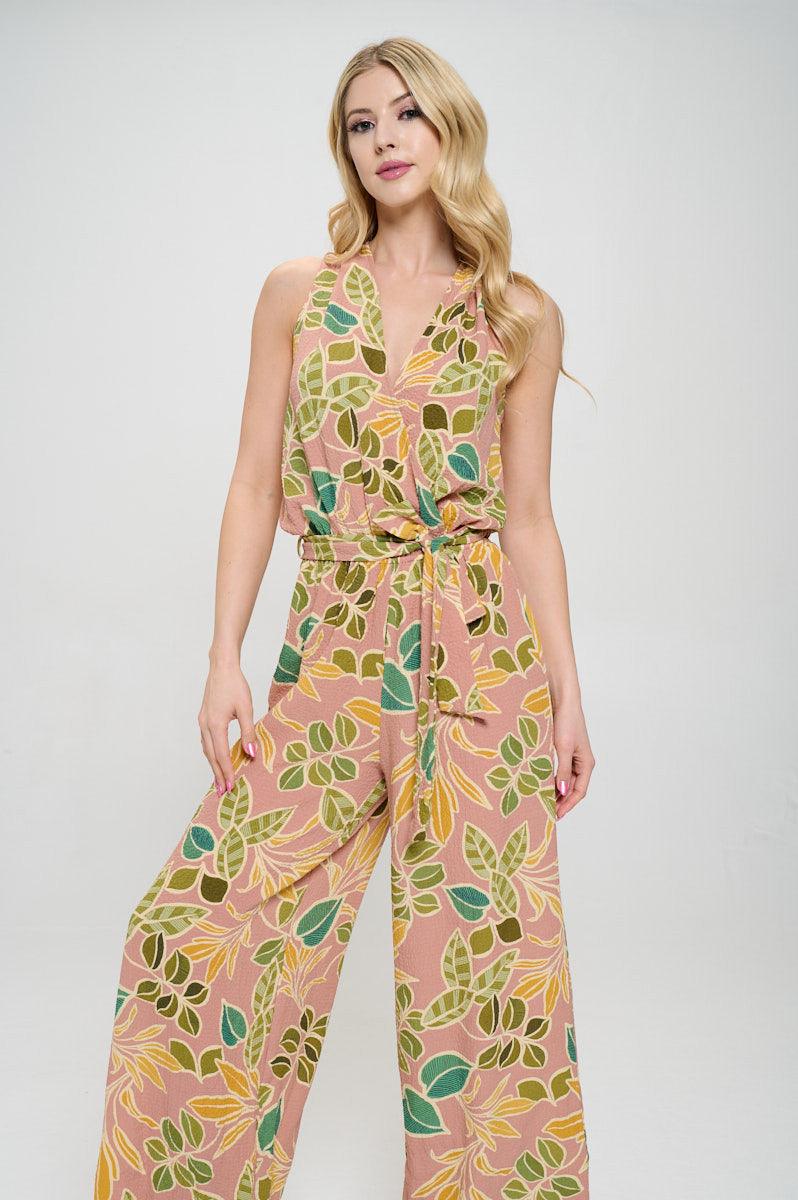 Print V neck Sleeveless Jumpsuit with Tie-Jumpsuits-Reneecollection-Small-ROSE-Urbanheer