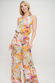 Print V neck Sleeveless Jumpsuit with Tie-Jumpsuits-Reneecollection-Small-CORAL-Urbanheer