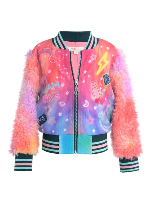 Printed Bomber Jacket W/Faux Fur Sleeves-Jacket-Hannah Banana-12M-purple multi-Urbanheer
